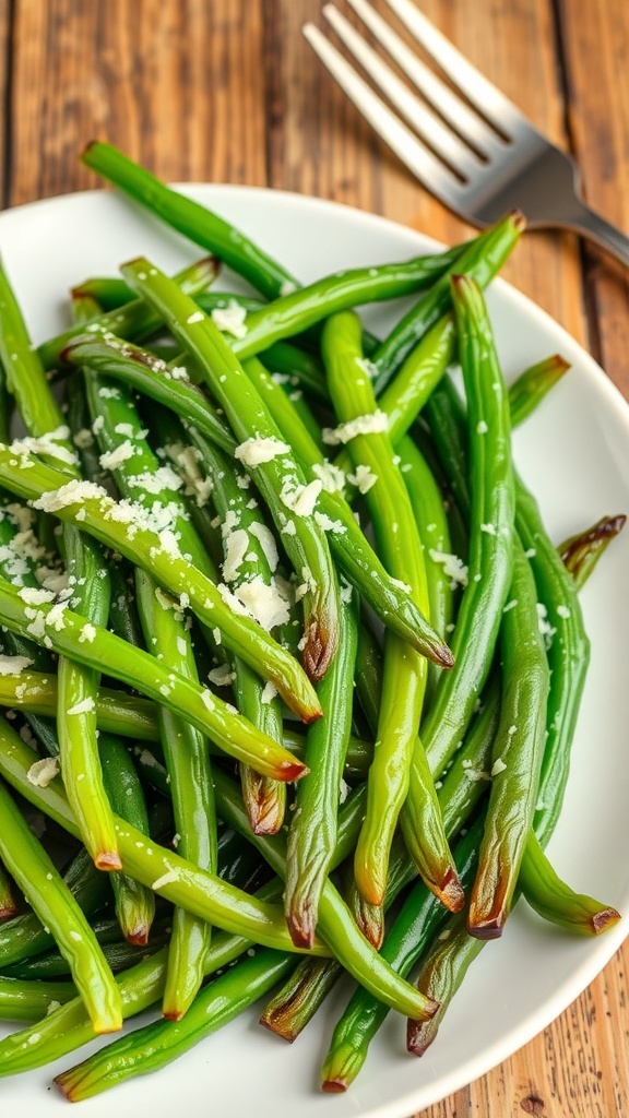 Crispy Air Fryer Green Beans Recipe Crispy air fryer green beans garnished with Parmesan cheese on a wooden table.